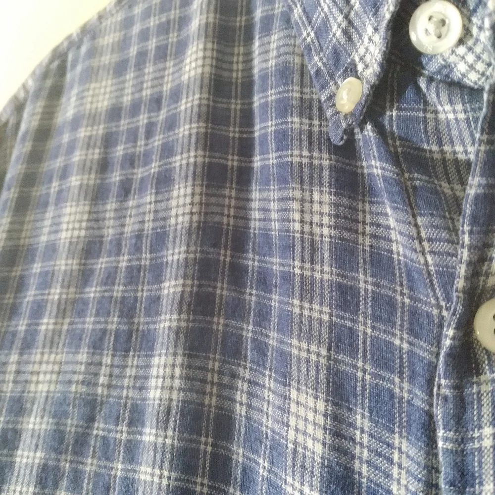 Banana Republic Linen Short Sleeve‎ Camp Shirt Camden Blue Plaid Mens Large